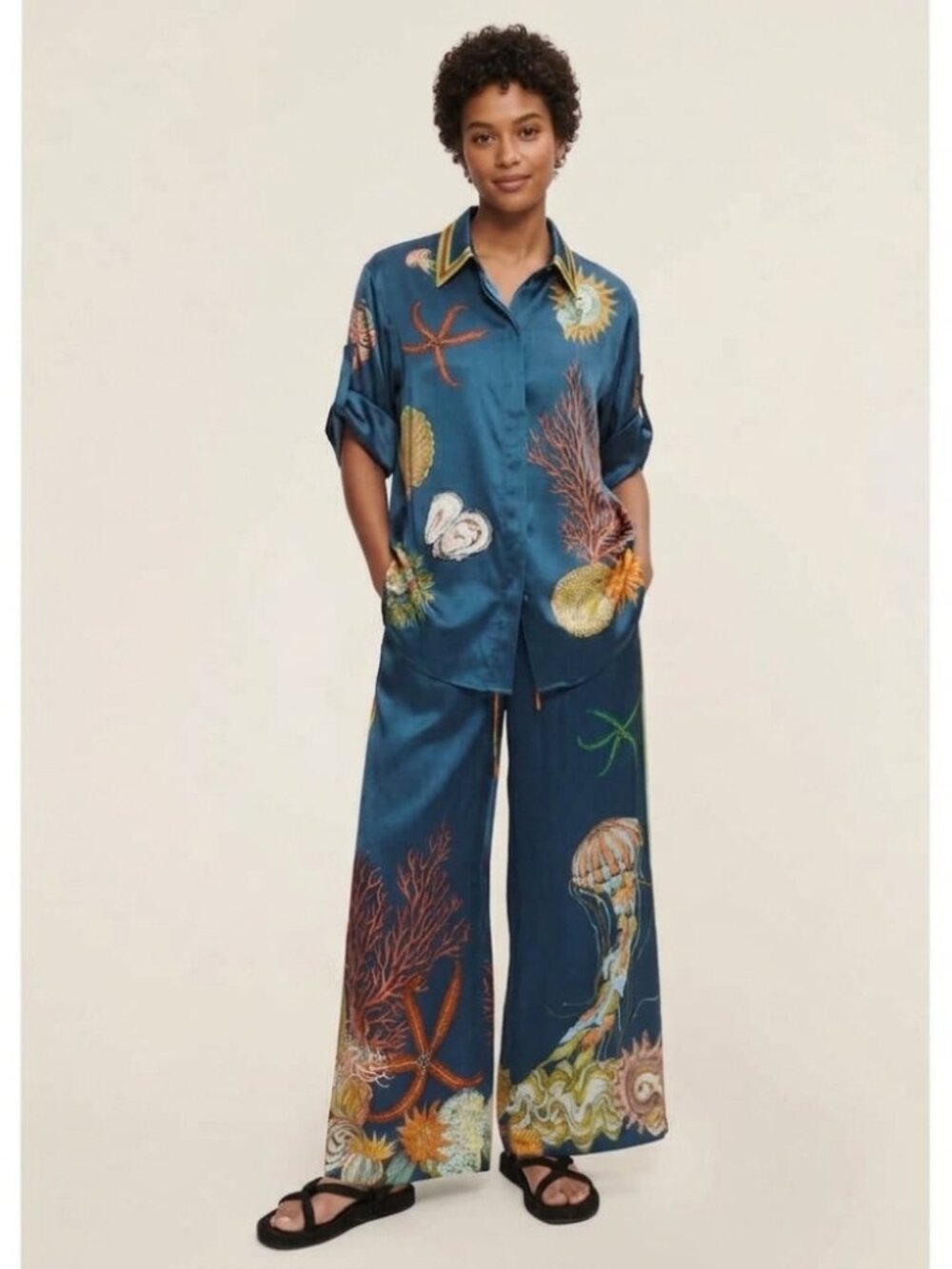 Alemais Dorian Silk Shirt and Pant Set Blue Multi Resortwear Boho Dopamine Sz 8